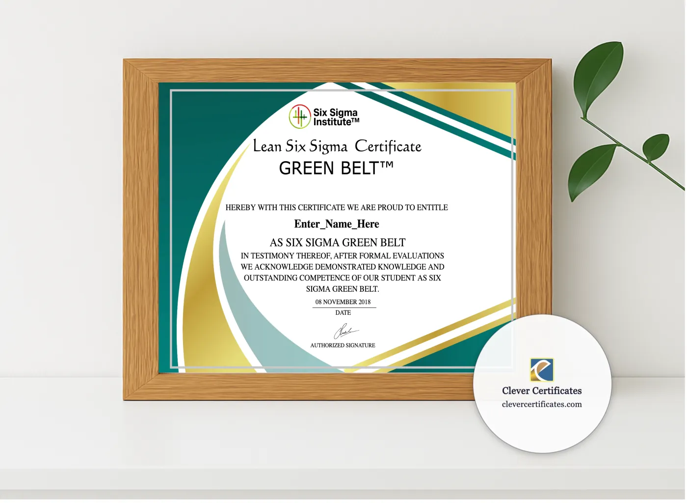 Realistic mockup featuring Six Sigma Green Belt Certificate displayed within a modern frame, set against a minimalistic background.