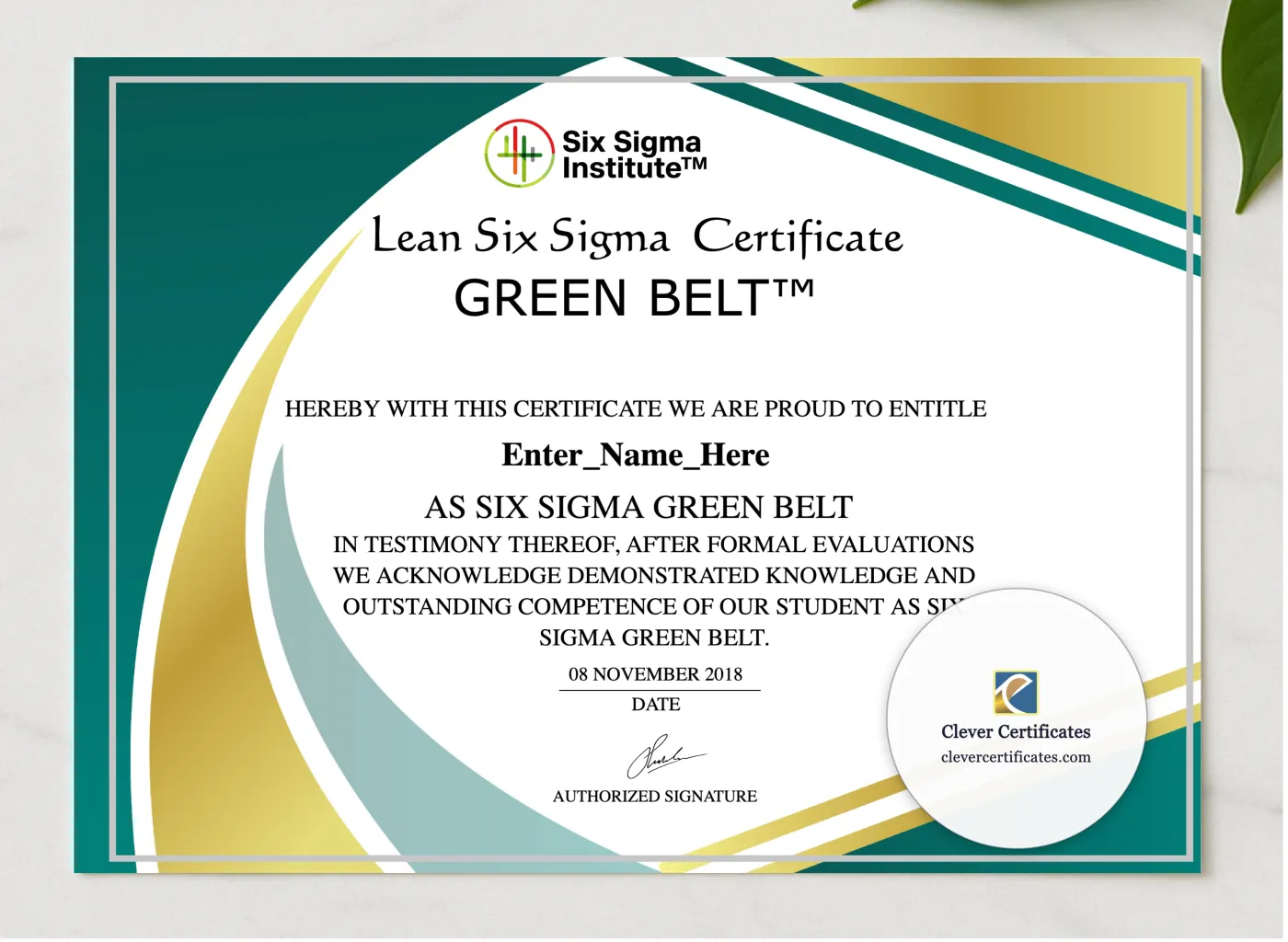 Six Sigma Green Belt Certificate presented in a sleek wooden frame, elegantly arranged on a stylish table.
