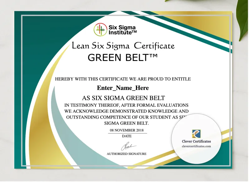 Six Sigma Green Belt Certificate presented in a sleek wooden frame, elegantly arranged on a stylish table.