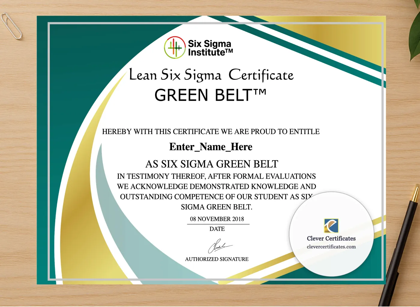 Professional preview of Six Sigma Green Belt Certificate certificate on high-quality stationery paper, ideal for showcasing the final look.