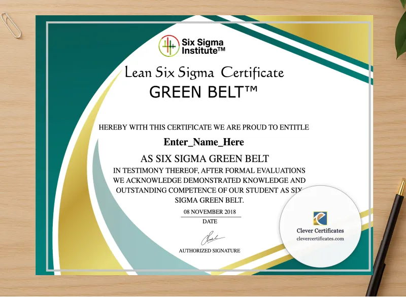 Professional preview of Six Sigma Green Belt Certificate certificate on high-quality stationery paper, ideal for showcasing the final look.
