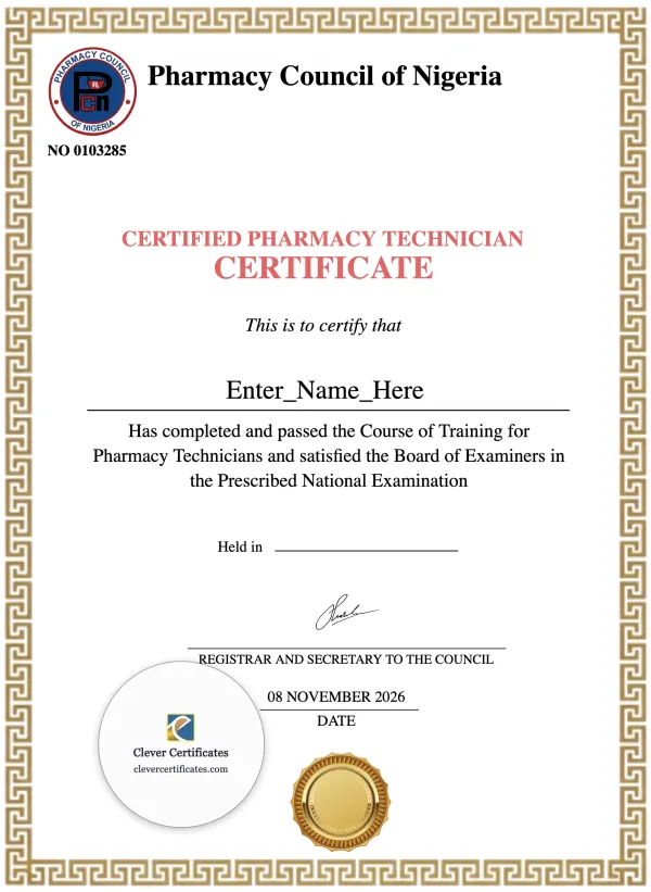 Pharmacy Technician Certificate — Certificate Template Preview