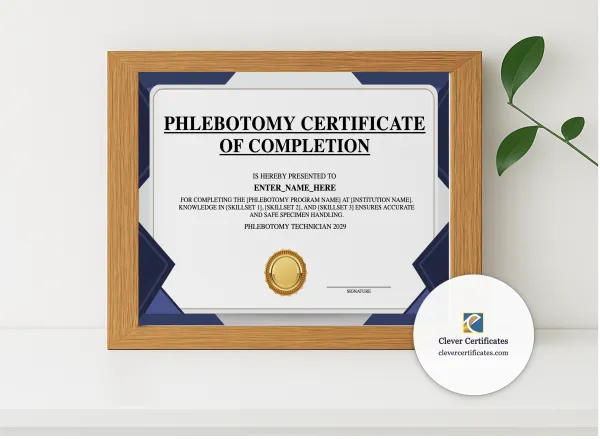 Realistic mockup featuring Phlebotomy Technician Certificate Landscape displayed within a modern frame, set against a minimalistic background.