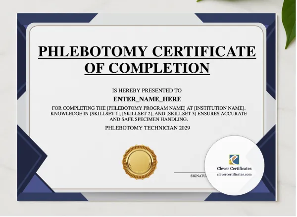 Phlebotomy Technician Certificate Landscape presented in a sleek wooden frame, elegantly arranged on a stylish table.