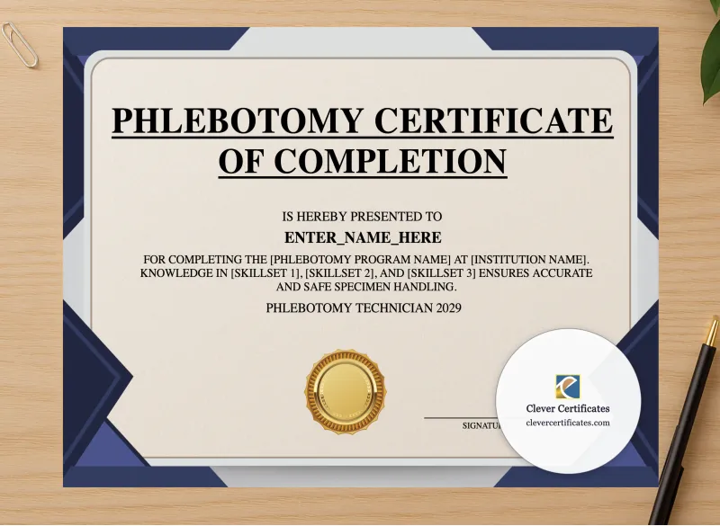 Professional preview of Phlebotomy Technician Certificate Landscape certificate on high-quality stationery paper, ideal for showcasing the final look.