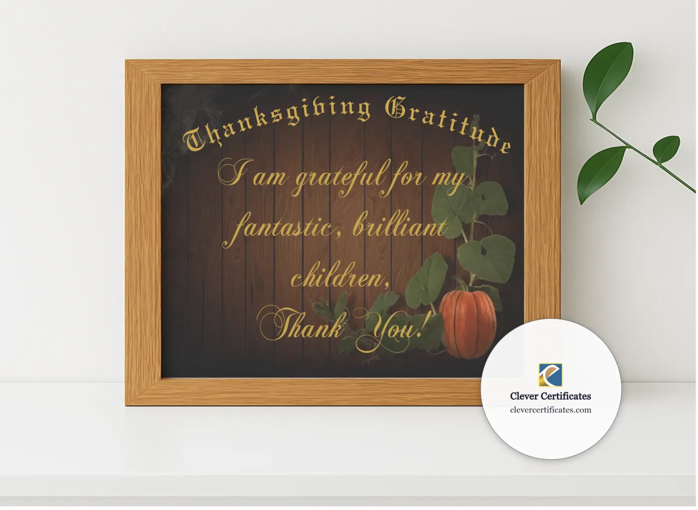 Realistic mockup featuring Thanksgiving Gratitude Certificate displayed within a modern frame, set against a minimalistic background.