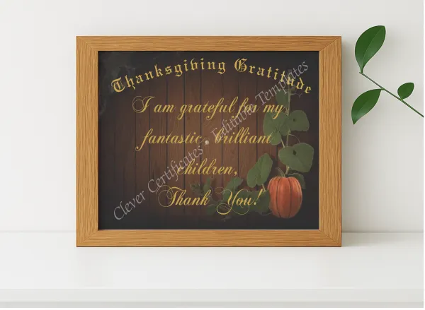 Realistic mockup featuring Thanksgiving Gratitude Certificate displayed within a modern frame, set against a minimalistic background.