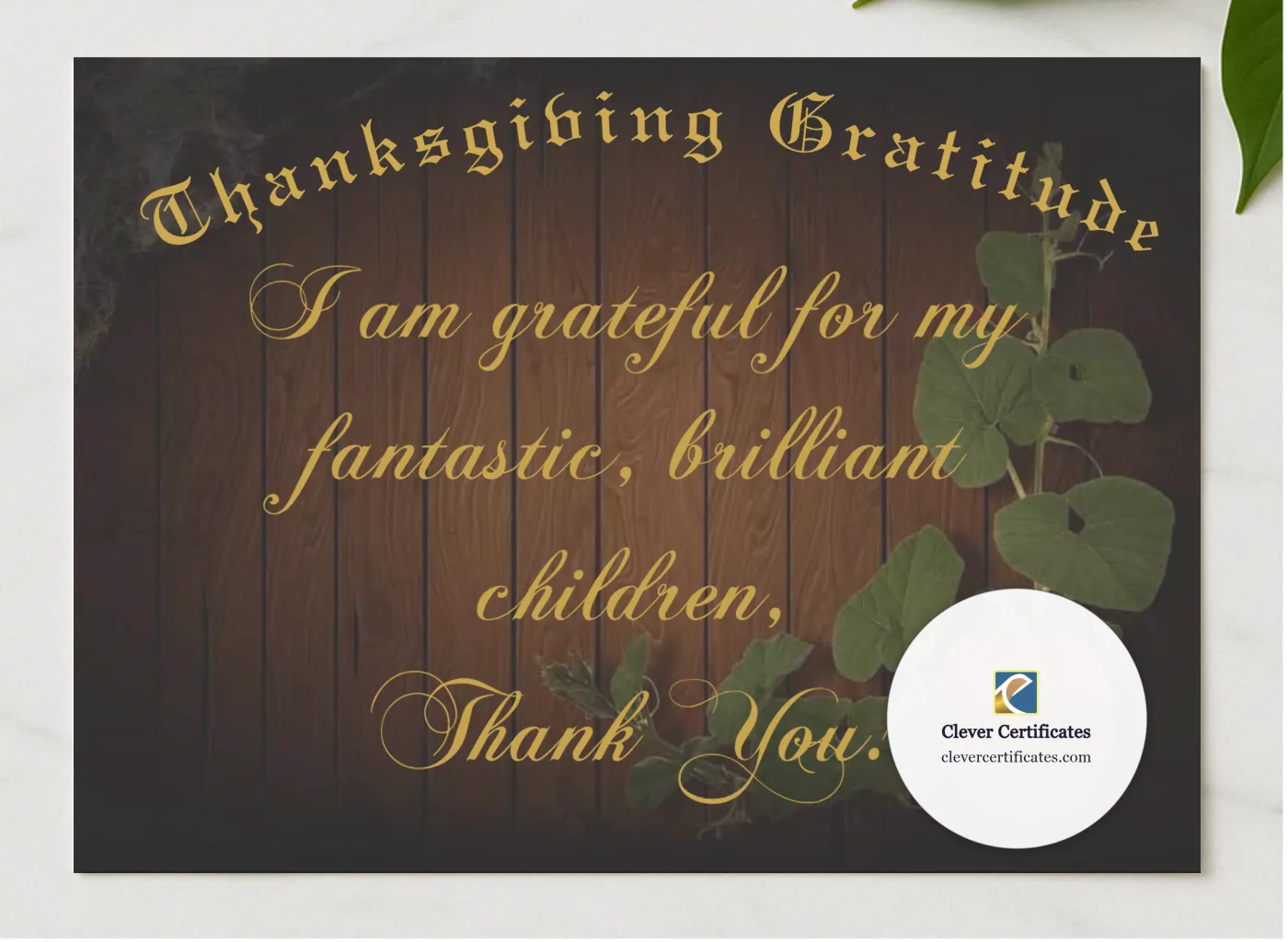 Thanksgiving Gratitude Certificate presented in a sleek wooden frame, elegantly arranged on a stylish table.
