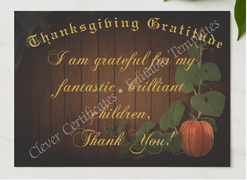 Thanksgiving Gratitude Certificate presented in a sleek wooden frame, elegantly arranged on a stylish table.
