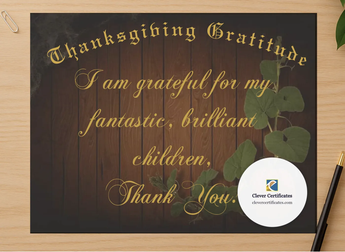 Professional preview of Thanksgiving Gratitude Certificate certificate on high-quality stationery paper, ideal for showcasing the final look.