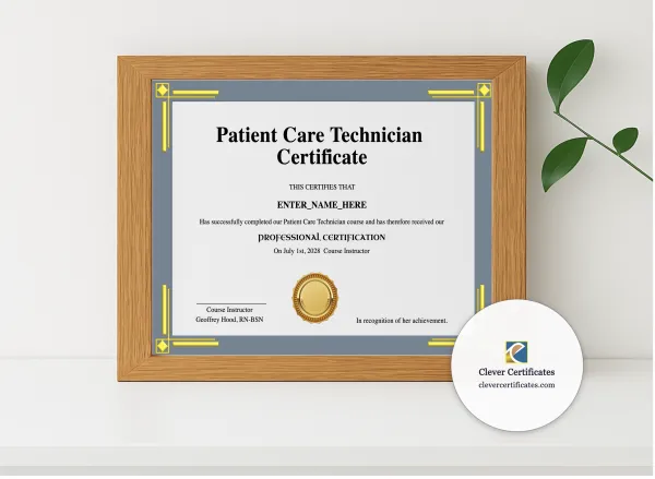 Realistic mockup featuring Patient Care Technician Certificate displayed within a modern frame, set against a minimalistic background.
