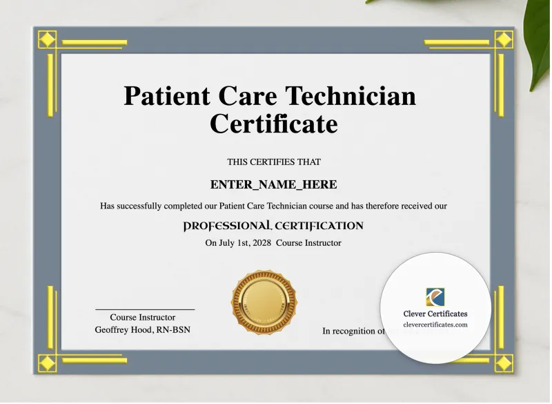 Patient Care Technician Certificate presented in a sleek wooden frame, elegantly arranged on a stylish table.