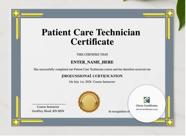 Patient Care Technician Certificate presented in a sleek wooden frame, elegantly arranged on a stylish table.