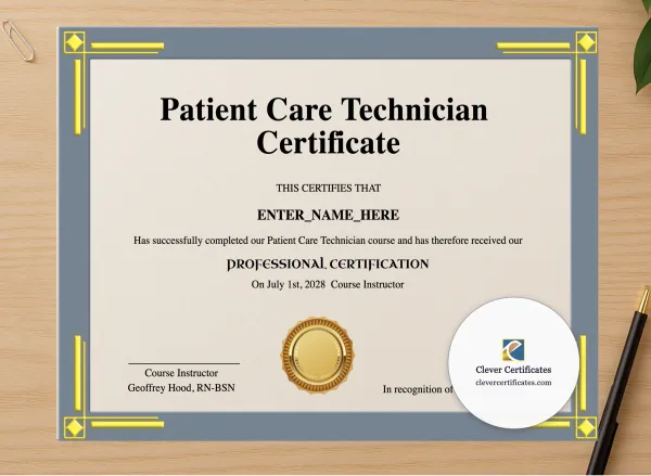 Professional preview of Patient Care Technician Certificate certificate on high-quality stationery paper, ideal for showcasing the final look.