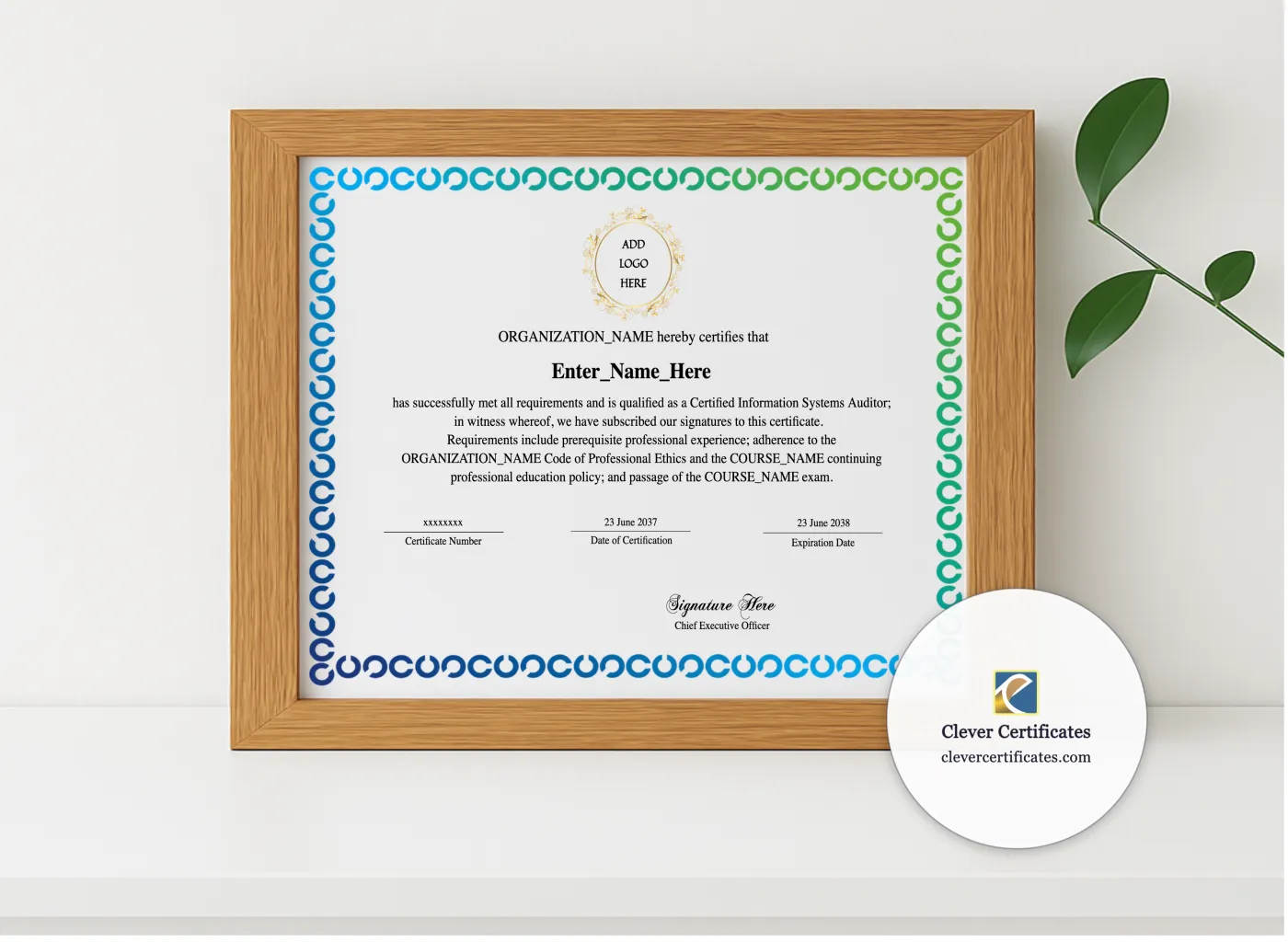 Realistic mockup featuring Certified Information Systems Auditor Certificate displayed within a modern frame, set against a minimalistic background.
