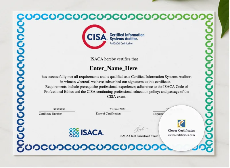 Certified Information Systems Auditor Certificate presented in a sleek wooden frame, elegantly arranged on a stylish table.