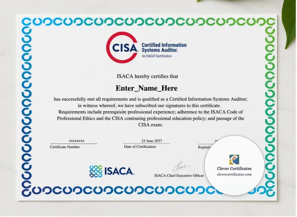Certified Information Systems Auditor Certificate presented in a sleek wooden frame, elegantly arranged on a stylish table.
