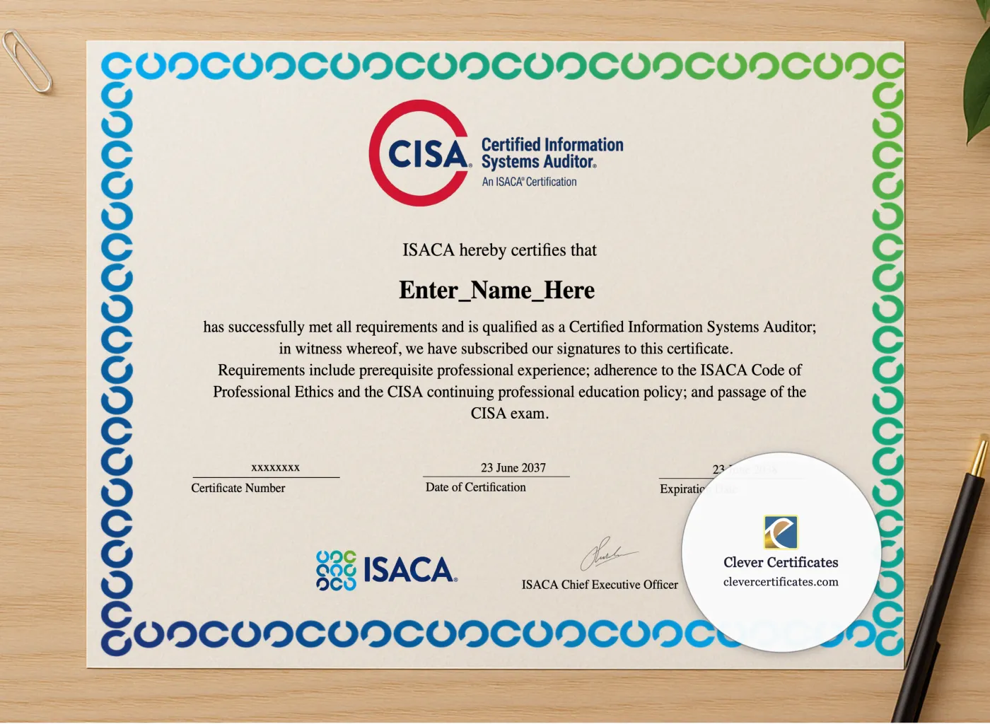 Professional preview of Certified Information Systems Auditor Certificate certificate on high-quality stationery paper, ideal for showcasing the final look.