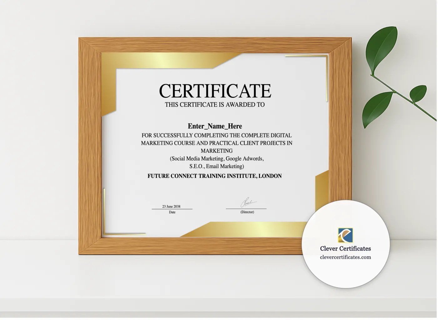 Realistic mockup featuring Digital Marketing Certificate displayed within a modern frame, set against a minimalistic background.