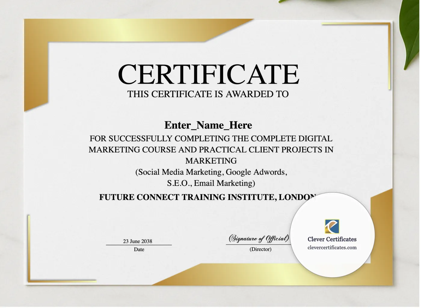 Digital Marketing Certificate presented in a sleek wooden frame, elegantly arranged on a stylish table.