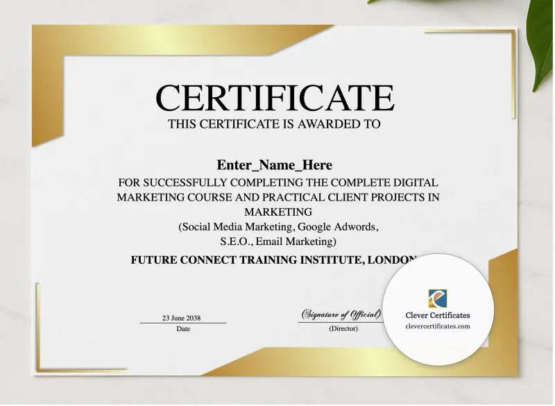 Digital Marketing Certificate presented in a sleek wooden frame, elegantly arranged on a stylish table.
