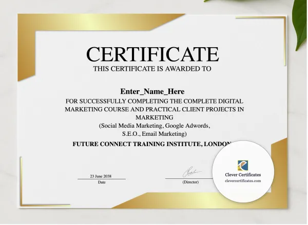 Digital Marketing Certificate presented in a sleek wooden frame, elegantly arranged on a stylish table.
