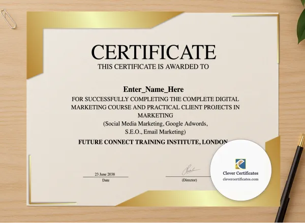 Professional preview of Digital Marketing Certificate certificate on high-quality stationery paper, ideal for showcasing the final look.