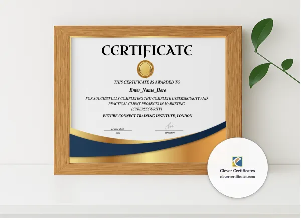 Realistic mockup featuring Cybersecurity Certificate displayed within a modern frame, set against a minimalistic background.