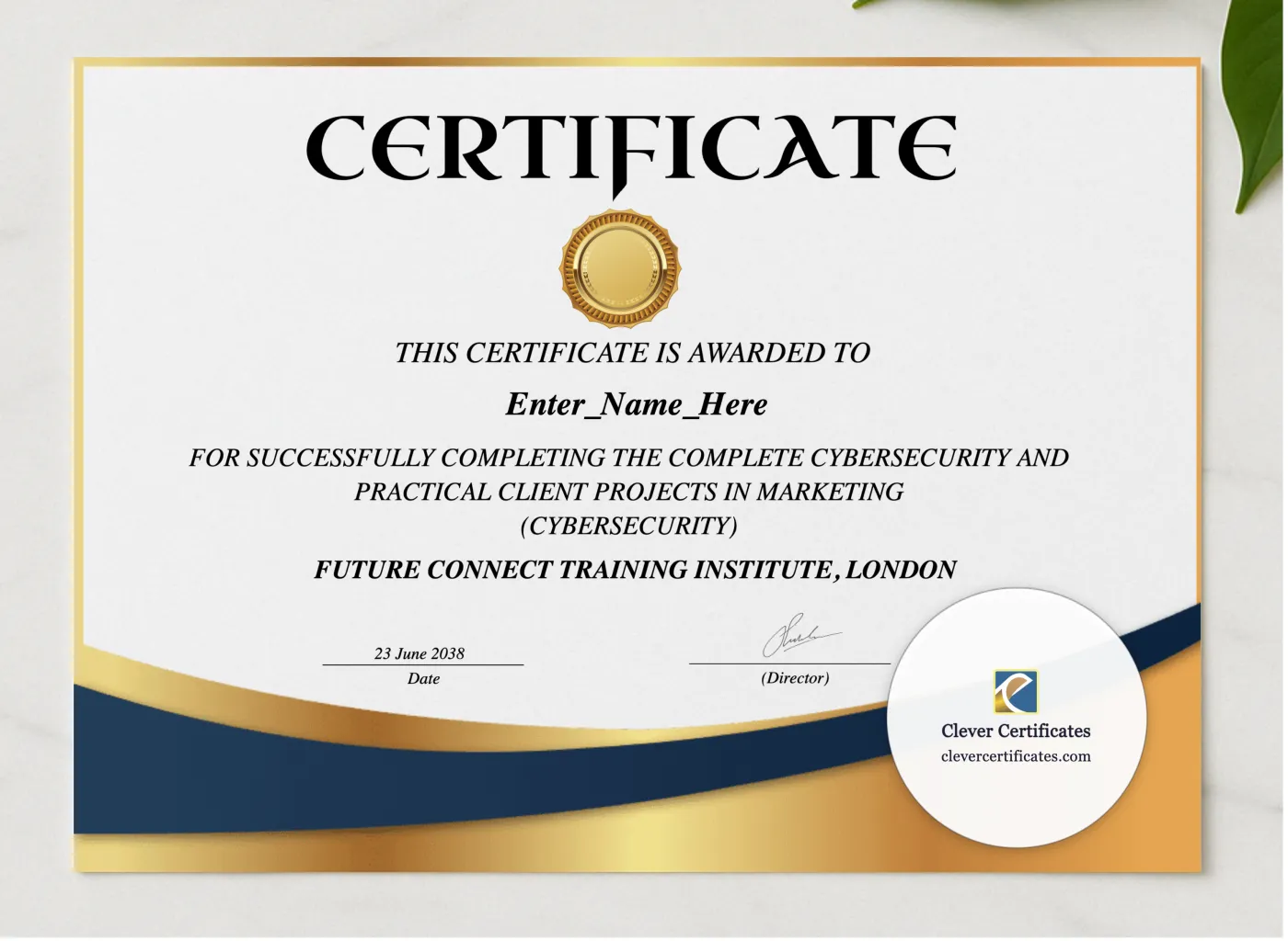 Cybersecurity Certificate presented in a sleek wooden frame, elegantly arranged on a stylish table.