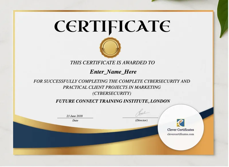 Cybersecurity Certificate presented in a sleek wooden frame, elegantly arranged on a stylish table.