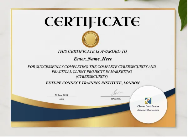 Cybersecurity Certificate presented in a sleek wooden frame, elegantly arranged on a stylish table.