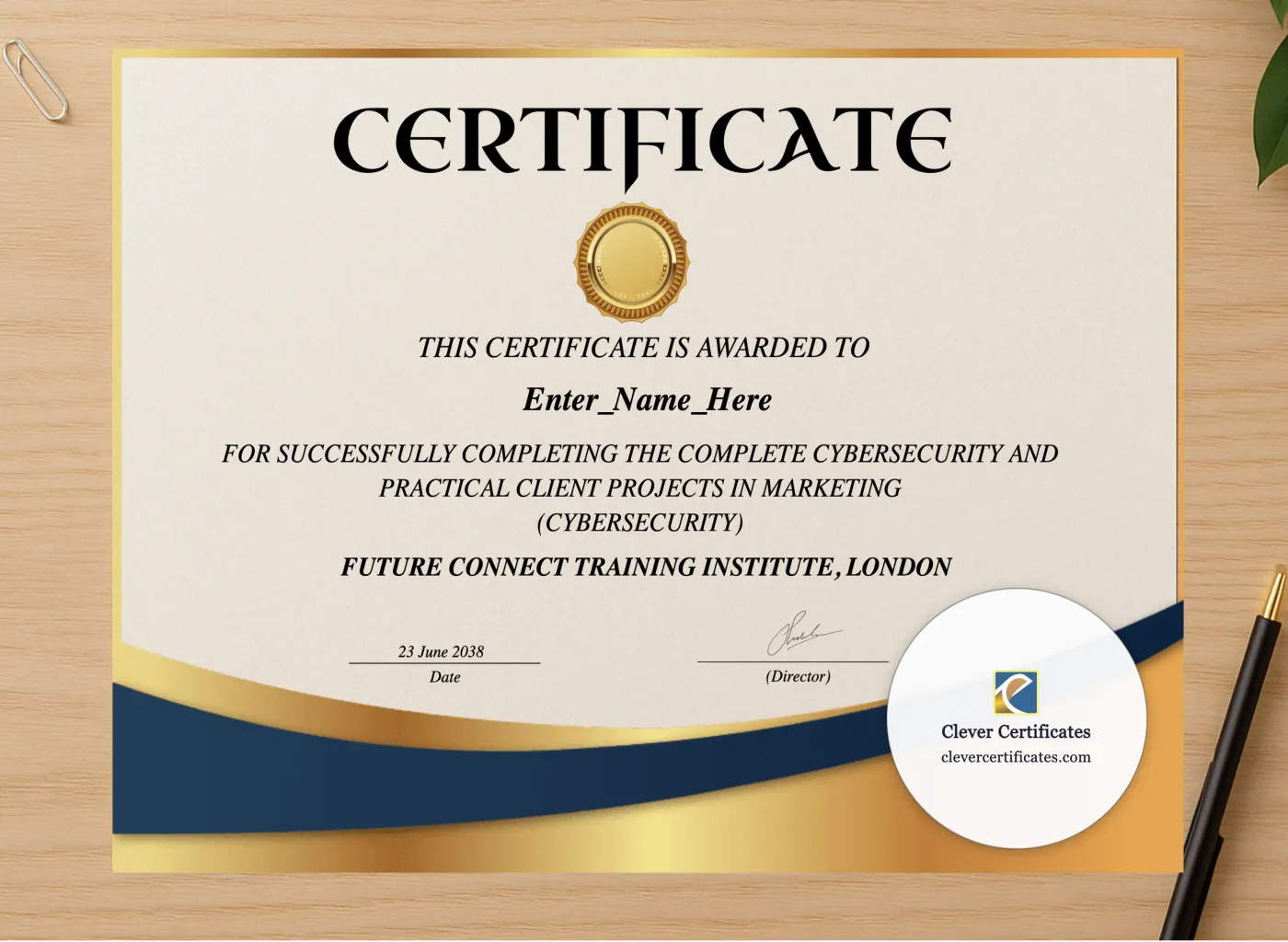 Professional preview of Cybersecurity Certificate certificate on high-quality stationery paper, ideal for showcasing the final look.