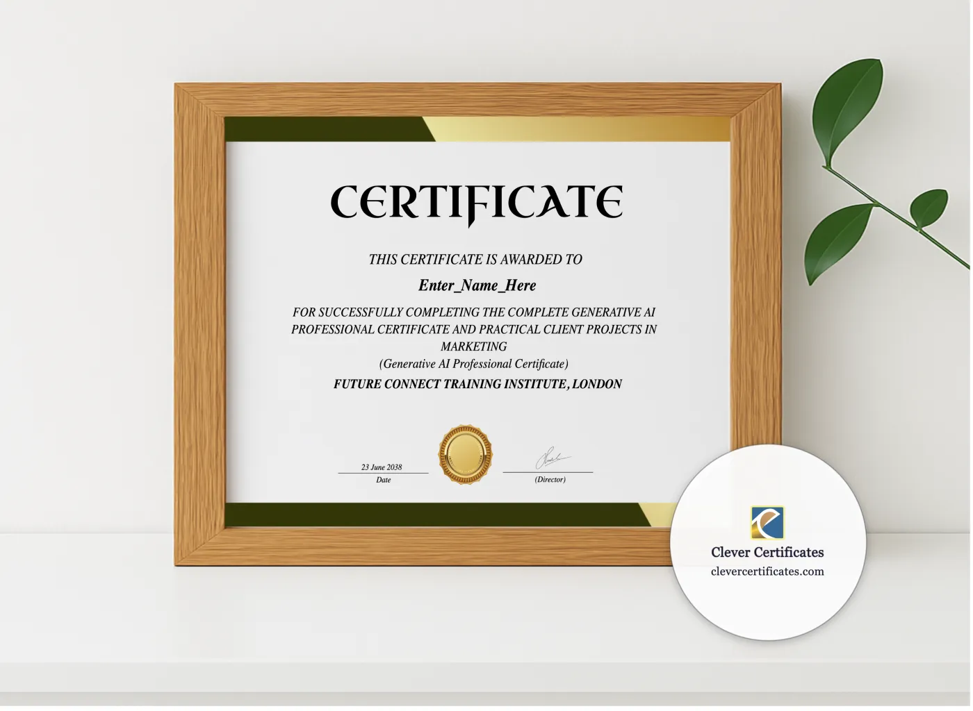 Realistic mockup featuring Generative AI Professional Certificate displayed within a modern frame, set against a minimalistic background.