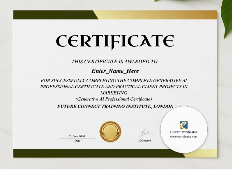 Generative AI Professional Certificate presented in a sleek wooden frame, elegantly arranged on a stylish table.