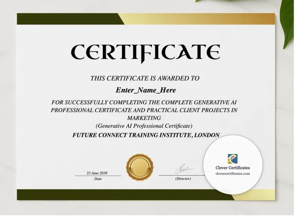 Generative AI Professional Certificate presented in a sleek wooden frame, elegantly arranged on a stylish table.