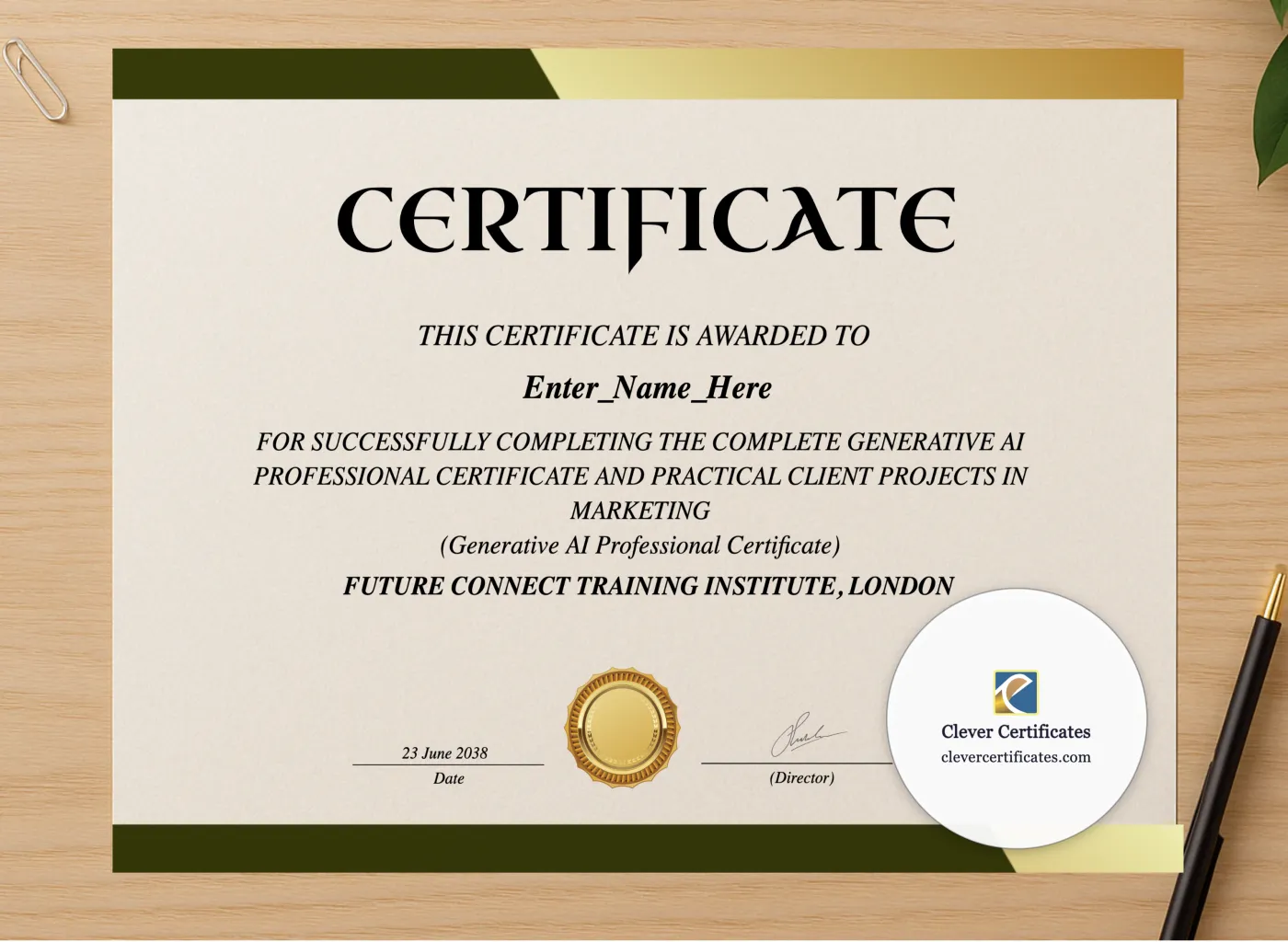 Professional preview of Generative AI Professional Certificate certificate on high-quality stationery paper, ideal for showcasing the final look.