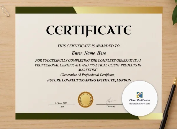 Professional preview of Generative AI Professional Certificate certificate on high-quality stationery paper, ideal for showcasing the final look.