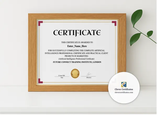 Realistic mockup featuring Artificial Intelligence Professional Certificate displayed within a modern frame, set against a minimalistic background.