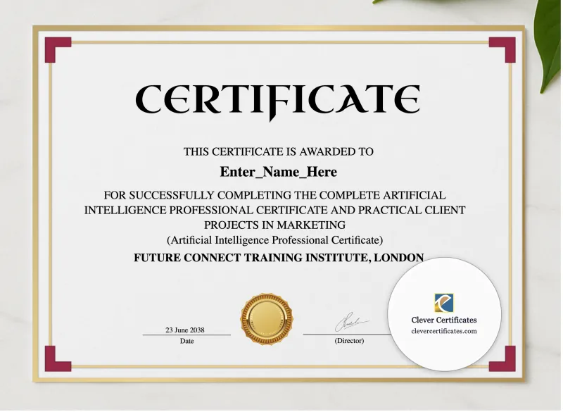 Artificial Intelligence Professional Certificate presented in a sleek wooden frame, elegantly arranged on a stylish table.