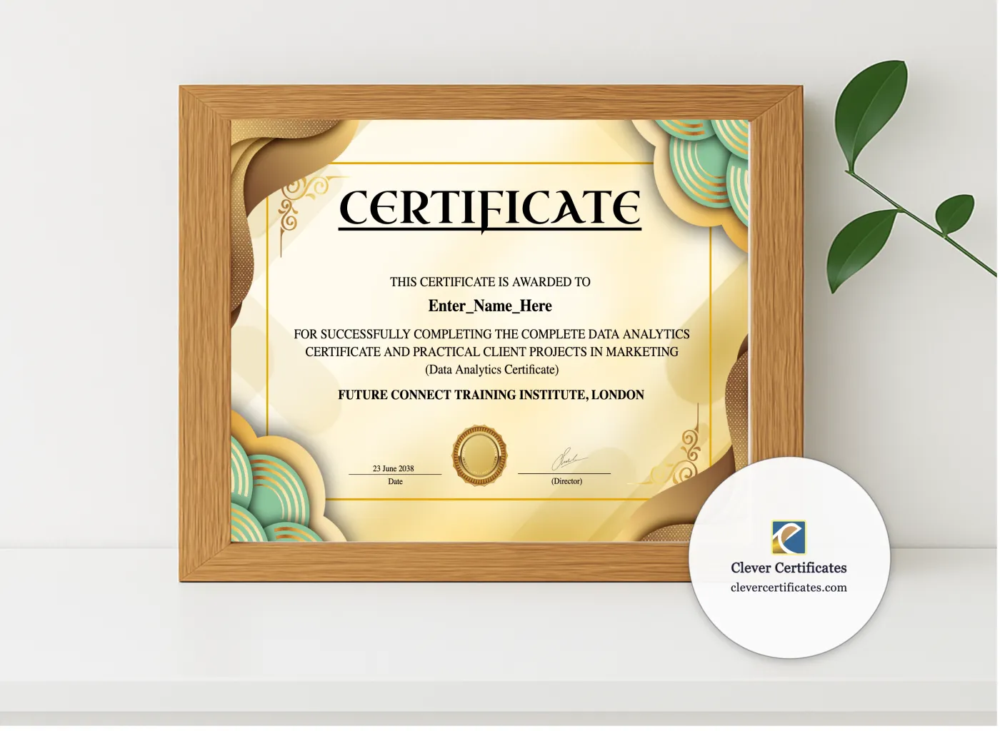 Realistic mockup featuring Data Analytics Certificate displayed within a modern frame, set against a minimalistic background.