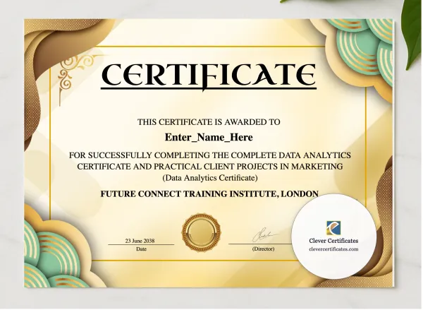 Data Analytics Certificate presented in a sleek wooden frame, elegantly arranged on a stylish table.