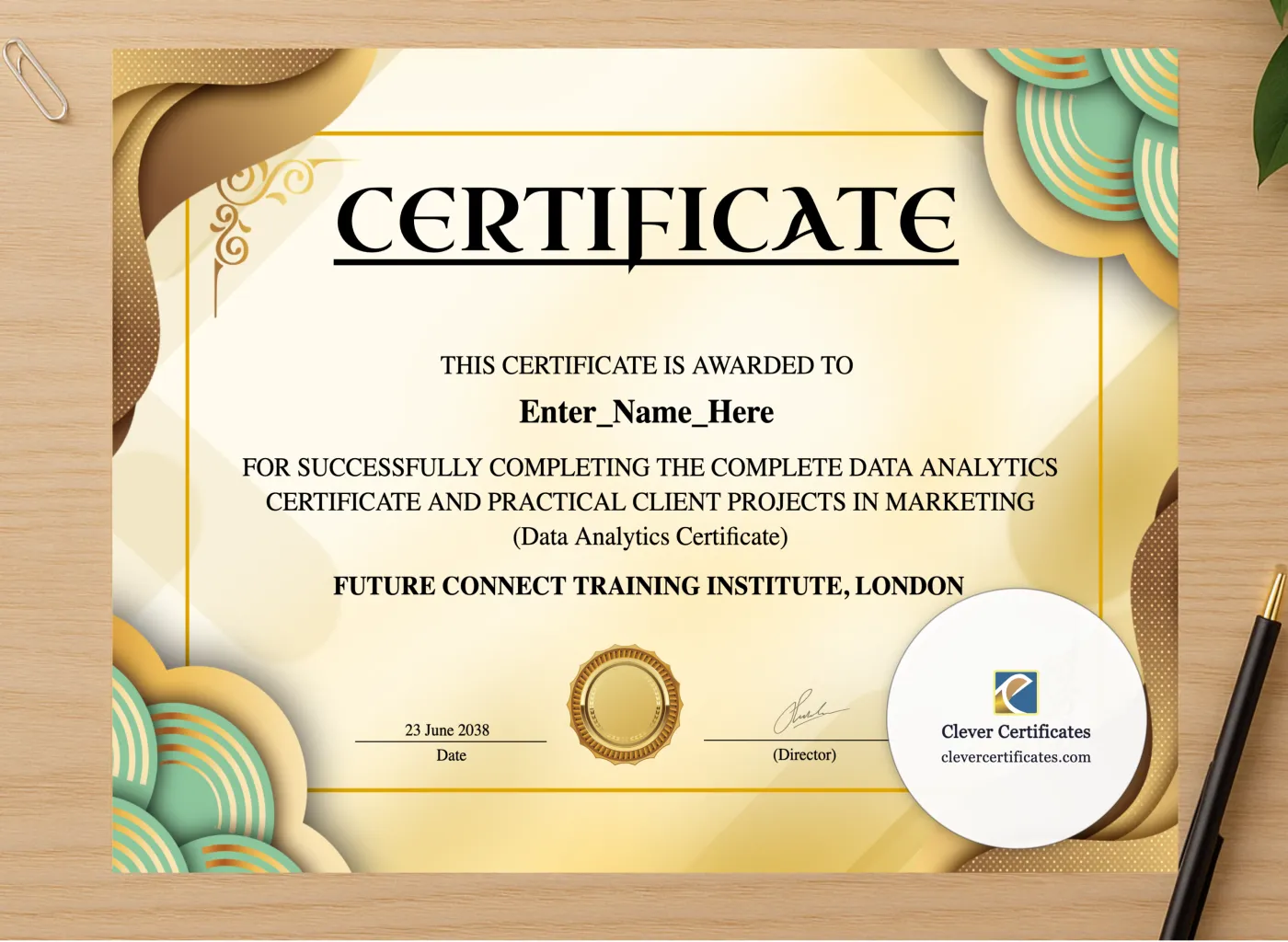 Professional preview of Data Analytics Certificate certificate on high-quality stationery paper, ideal for showcasing the final look.