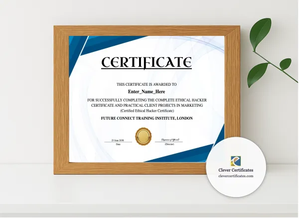Realistic mockup featuring Certified Ethical Hacker Certificate displayed within a modern frame, set against a minimalistic background.