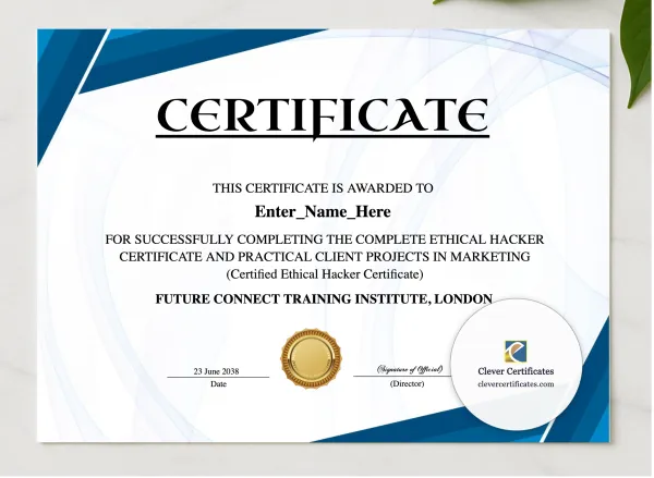 Certified Ethical Hacker Certificate presented in a sleek wooden frame, elegantly arranged on a stylish table.