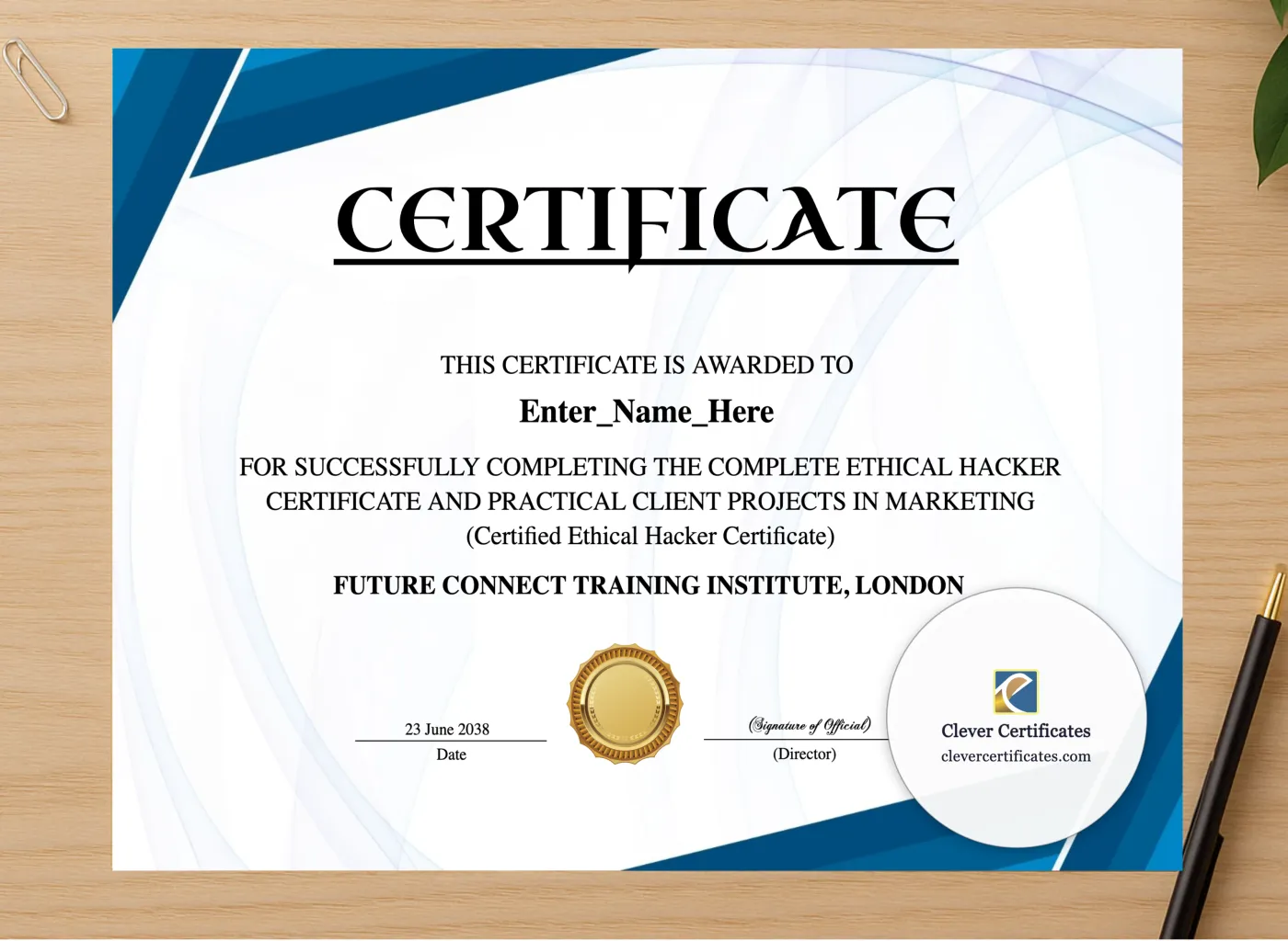 Professional preview of Certified Ethical Hacker Certificate certificate on high-quality stationery paper, ideal for showcasing the final look.