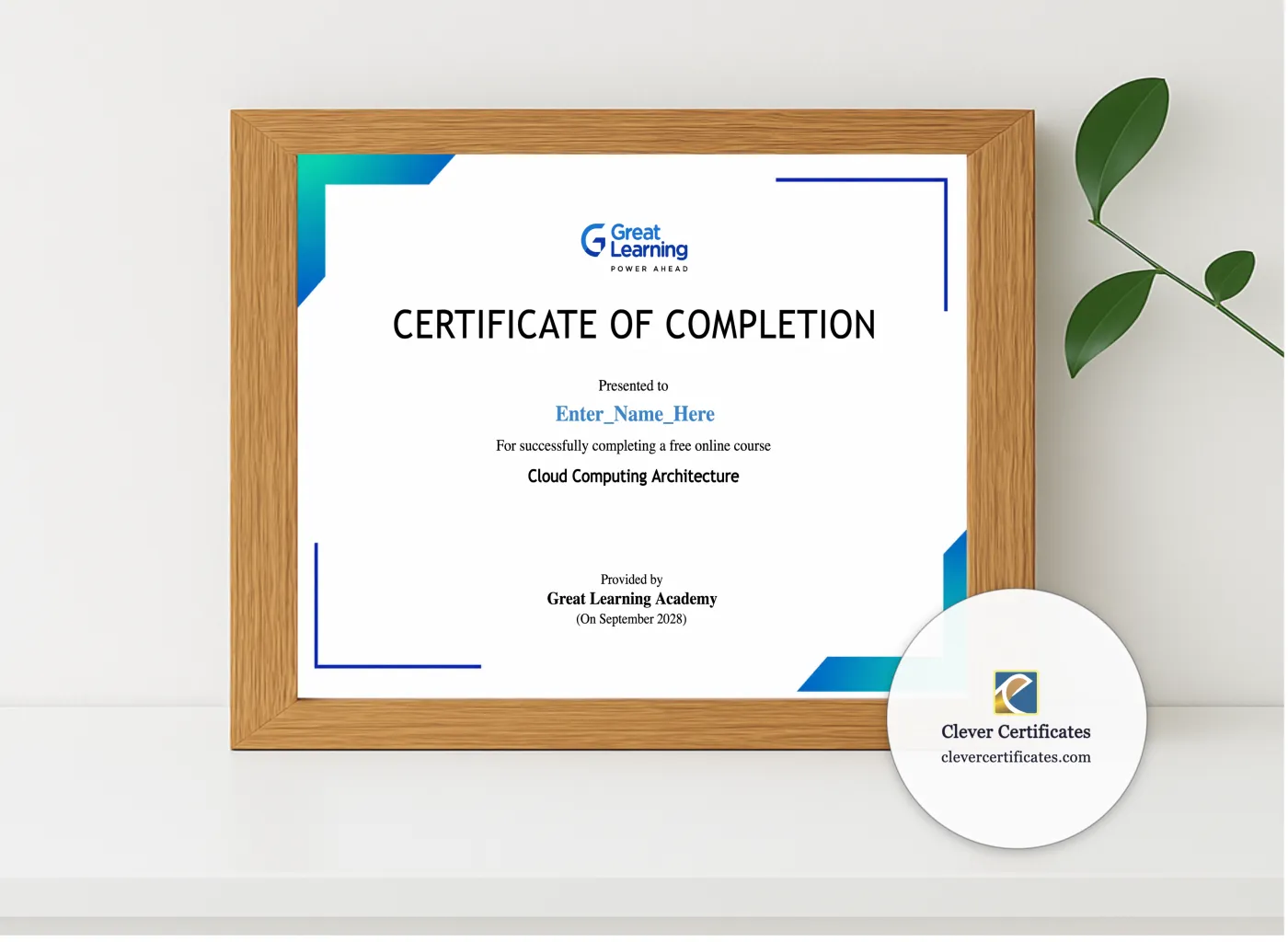 Realistic mockup featuring Advanced Cloud Architecture Completion Certificate displayed within a modern frame, set against a minimalistic background.