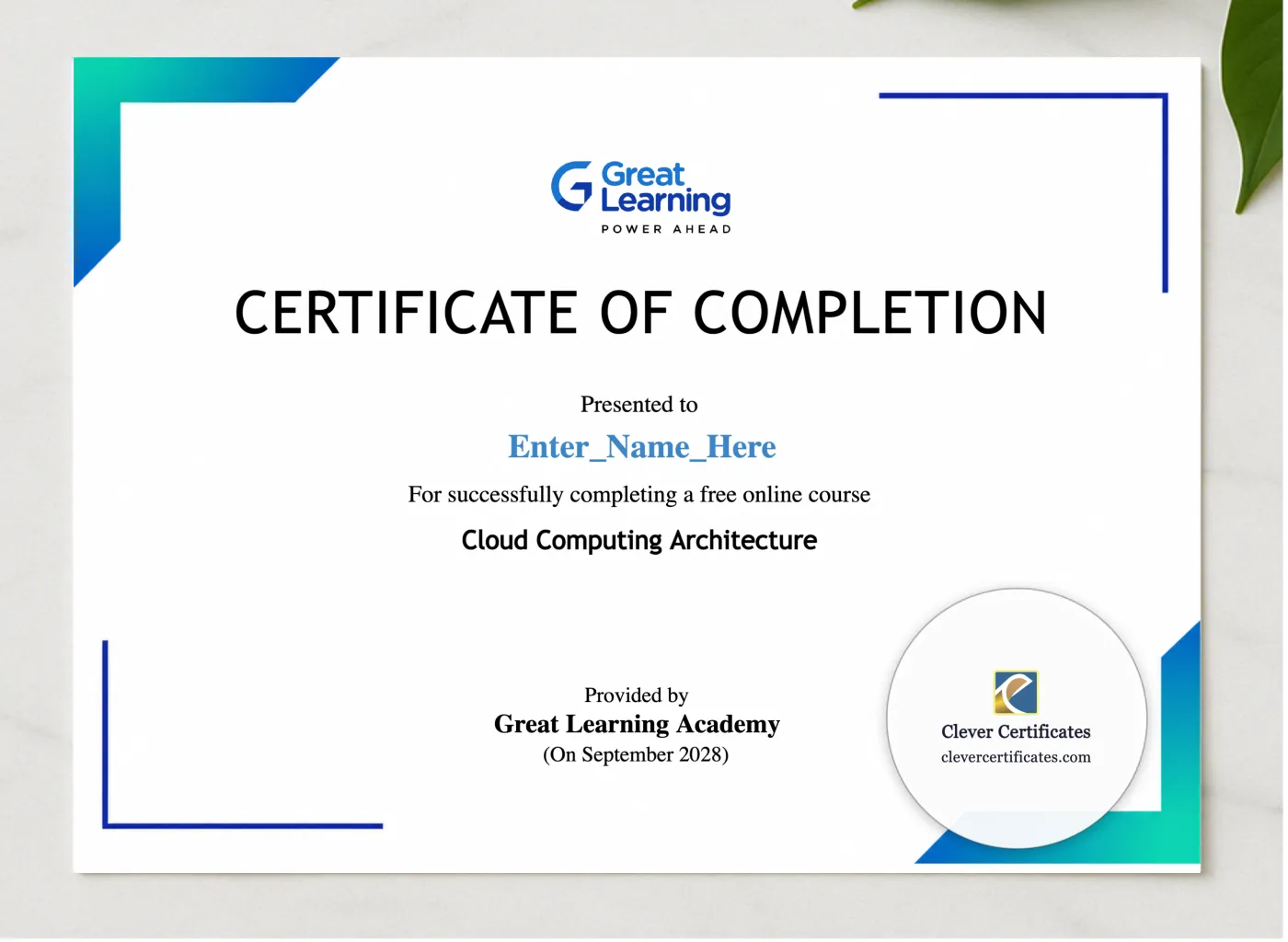 Advanced Cloud Architecture Completion Certificate presented in a sleek wooden frame, elegantly arranged on a stylish table.