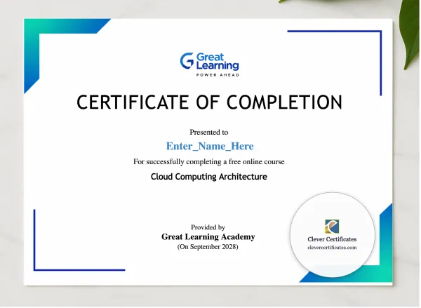 Advanced Cloud Architecture Completion Certificate presented in a sleek wooden frame, elegantly arranged on a stylish table.