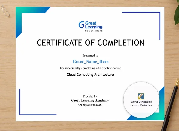 Professional preview of Advanced Cloud Architecture Completion Certificate certificate on high-quality stationery paper, ideal for showcasing the final look.