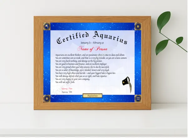 Realistic mockup featuring Certified Aquarius Award displayed within a modern frame, set against a minimalistic background.